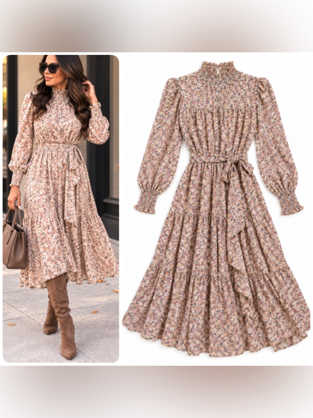 STATE Floral Midi Dress Smocked High Neck Long Sleeve Boho Fall
